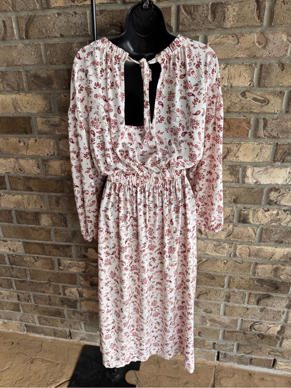 Xirena Salma Cinch Midi Dress S Cream Red Paisley Long Sleeve Rayon Boho - Picture 7 of 14